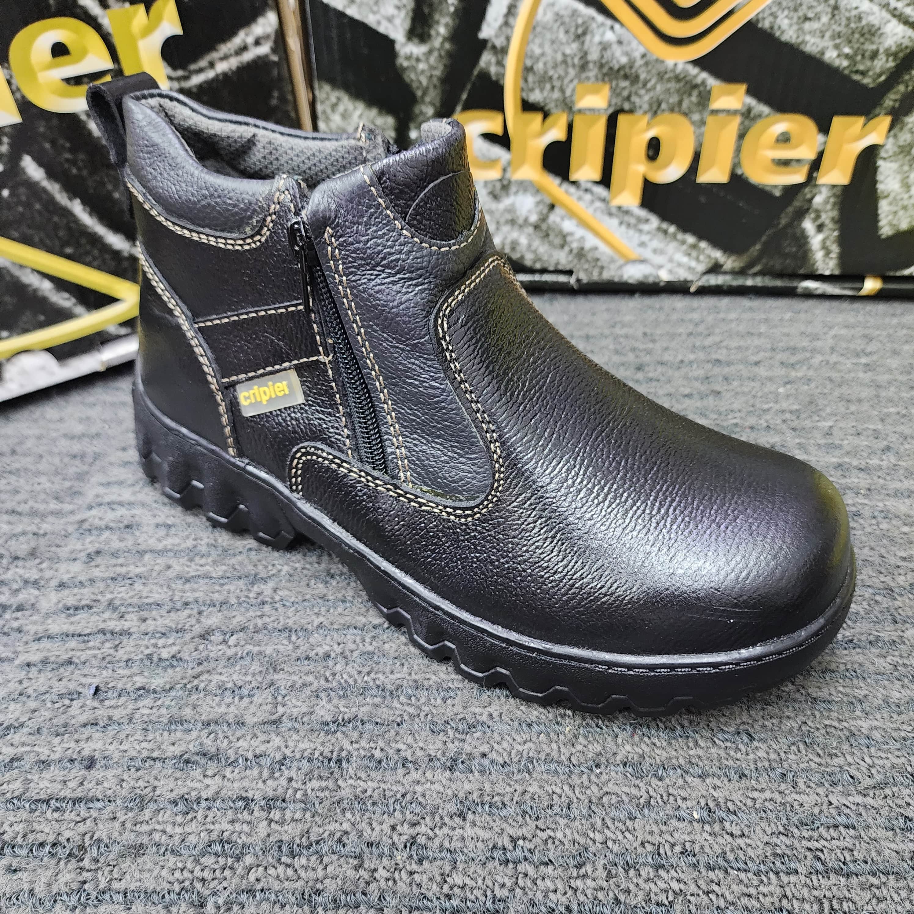 CRIPIER 6066 SAFETY SHOES DOUBLE ZIP MID CUT SIRIM DOSH Black Rubber Leather Kasut Keselamatan
