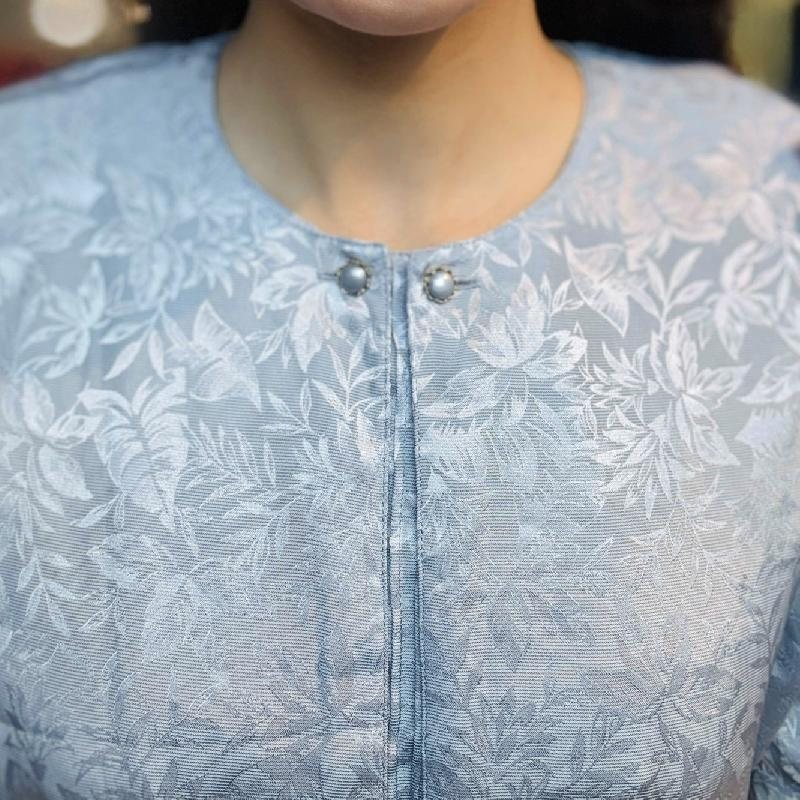 Vintage Bluish Grey Shiny Foliage Pattern Pleated Day & Night Dress (PP001-33)