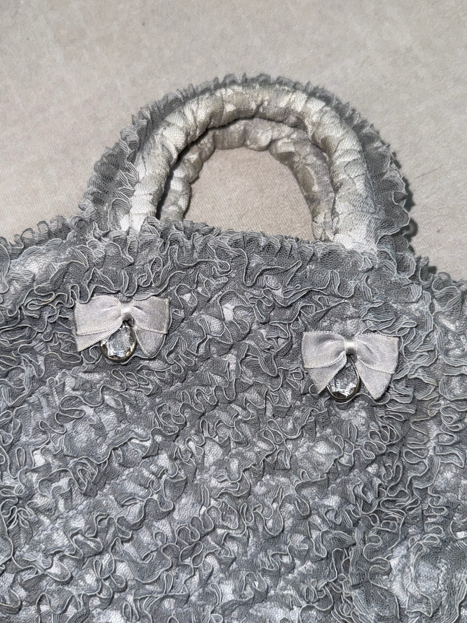 Blue Chenille Bow-Adorned Ruffle Bag