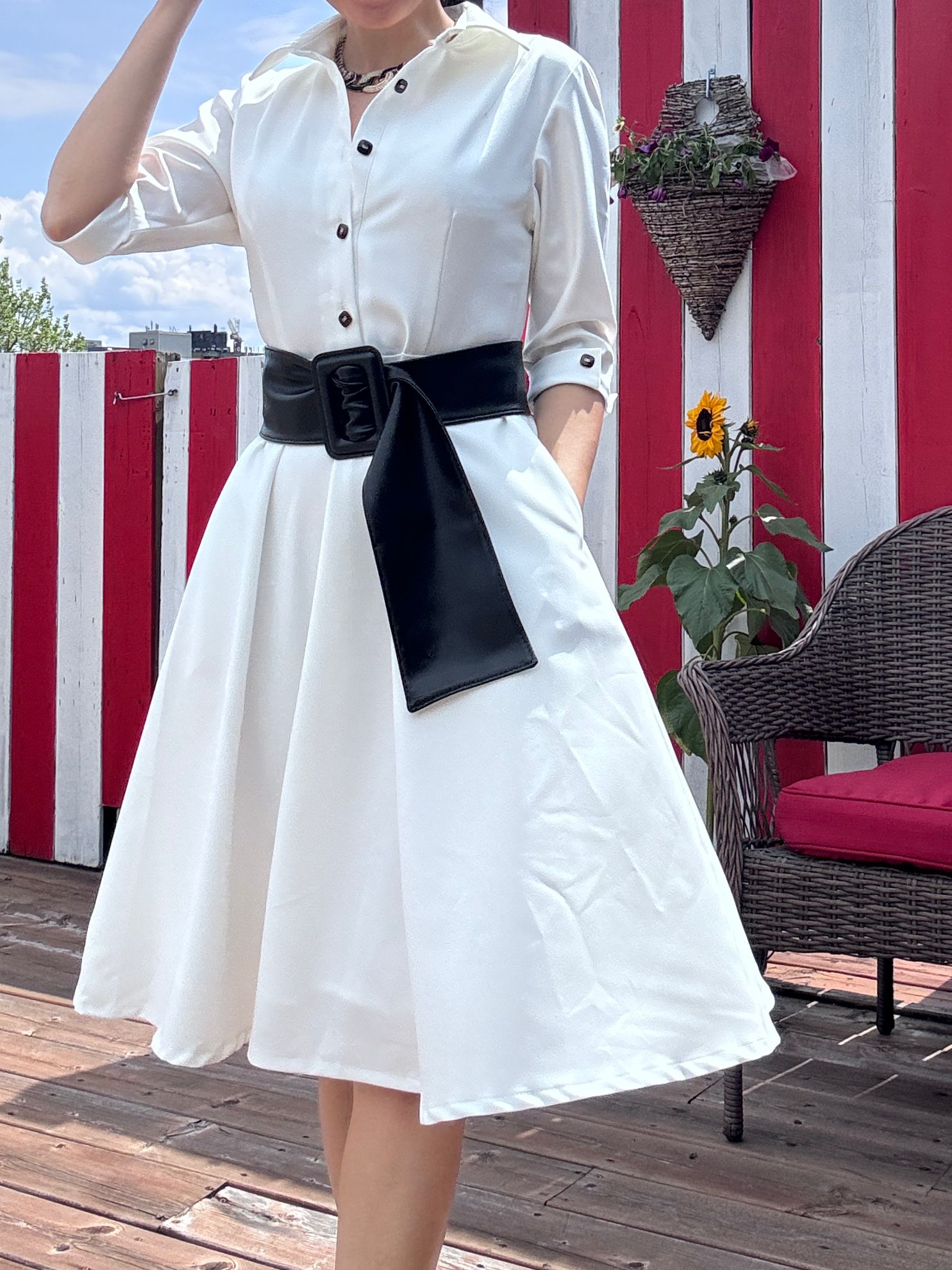 (Custom-Made) Ivory Heirloom Shirtdress with Vintage Buttons and Belt (FM237)