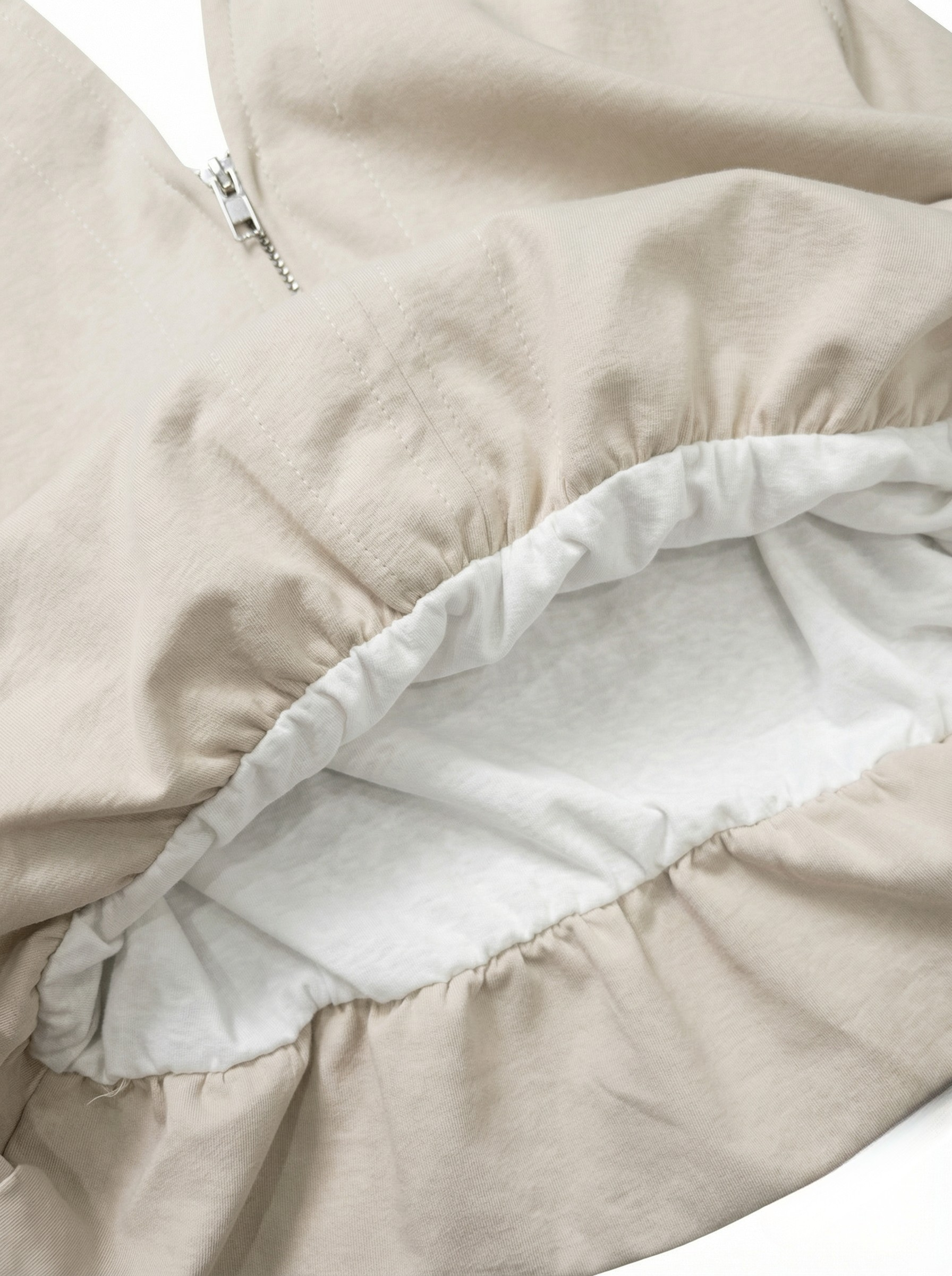 杏色V領拉鍊短袖上衣 + 鬆緊中長裙套裝