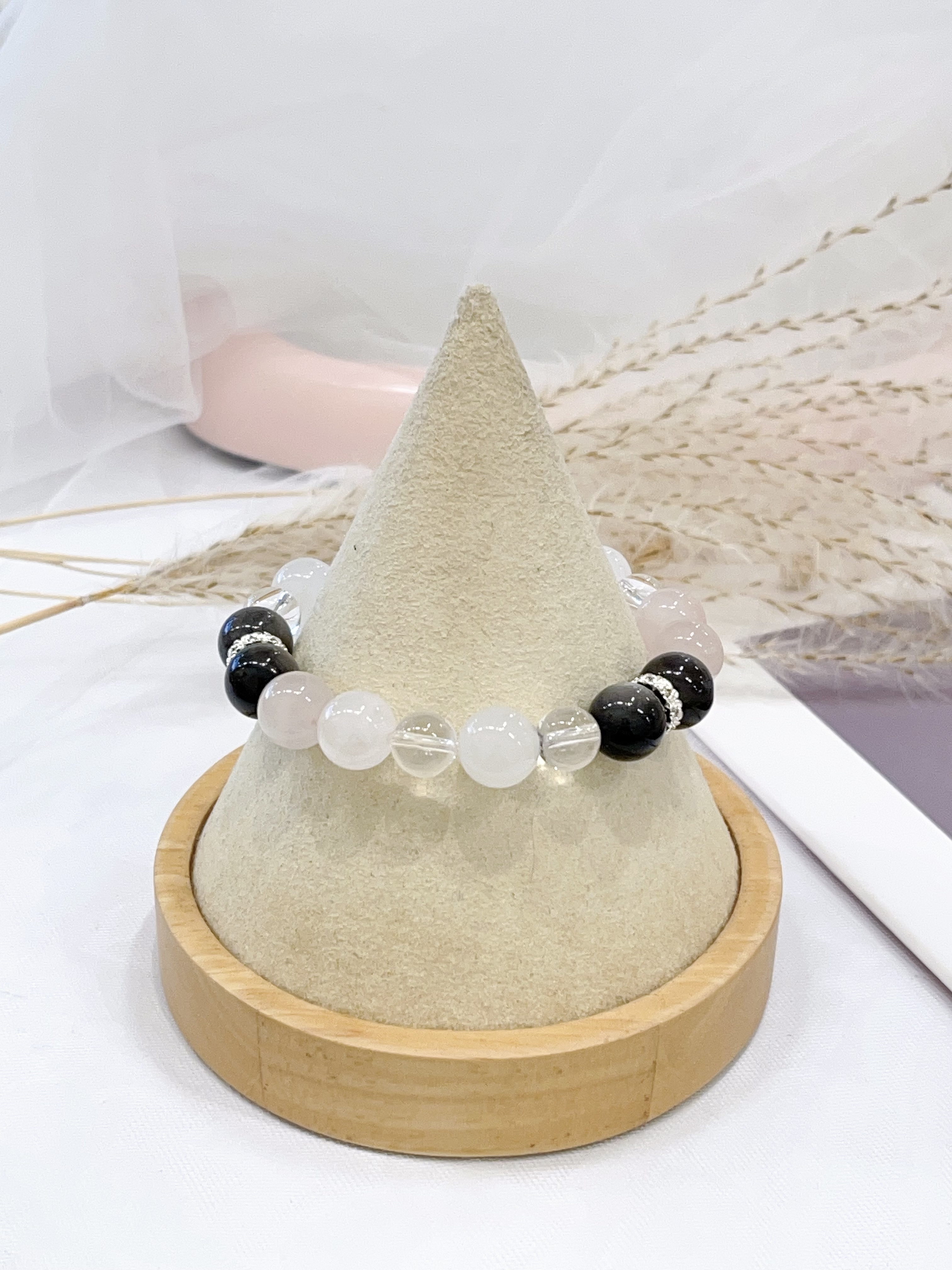 ✨ 银曜石 × 白水晶 × 粉水晶 × 白幽灵手串 Silver Obsidian & Clear Quartz & Rose Quartz & White Phantom Quartz | 8mm-10mm 