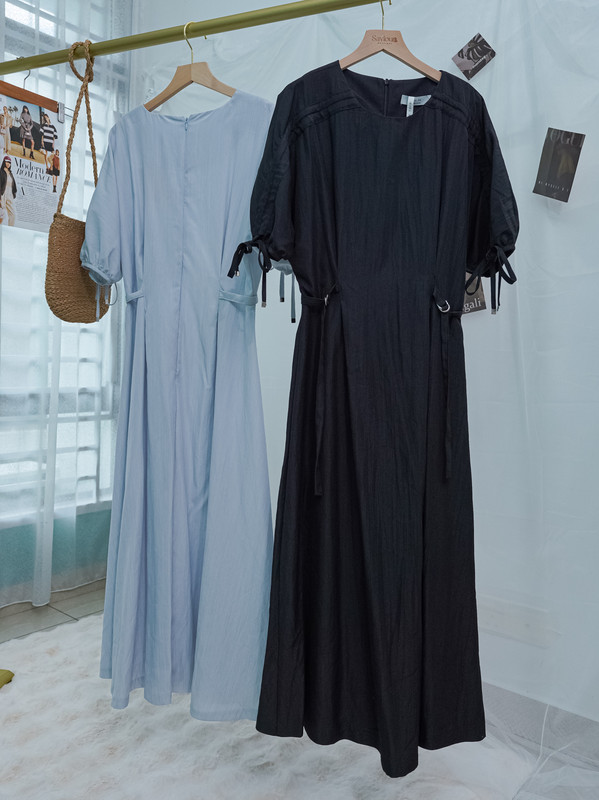  Drawstring Puff Sleeve Maxi Dress with Adjustable Waist Tie ‖ 抽绳泡泡袖可调腰带连身长裙 KR02136442