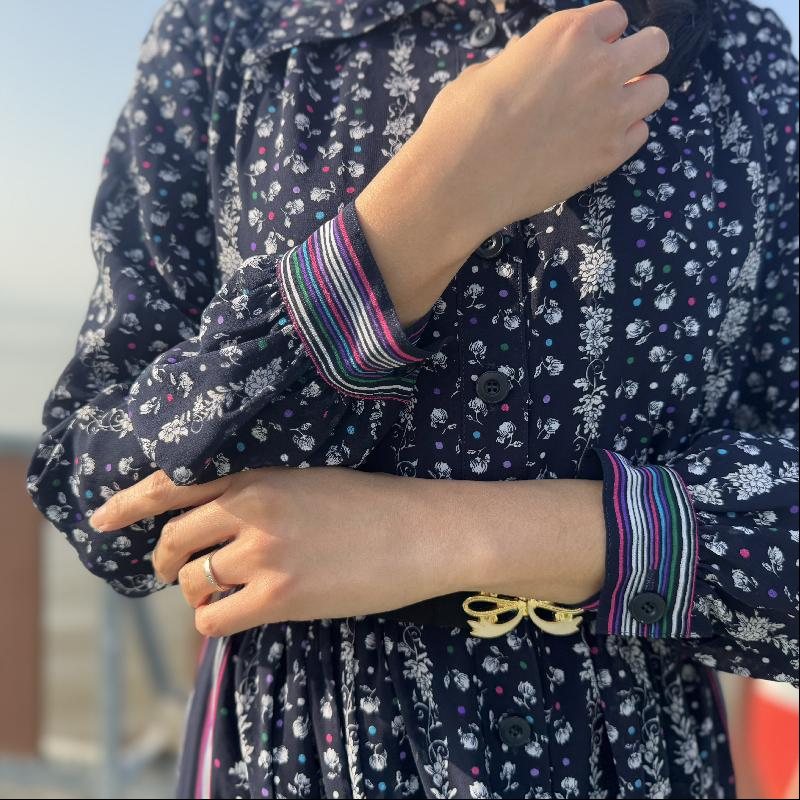 Vintage Japanese Colorful Linear Pattern Trimmed Floral Shirtdress (MT2260-25)