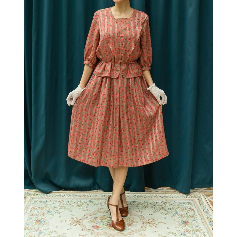 Vintage Japanese Sakura Floral Pattern Peplum Mid-Sleeve Summer Dress (MT1608-64)