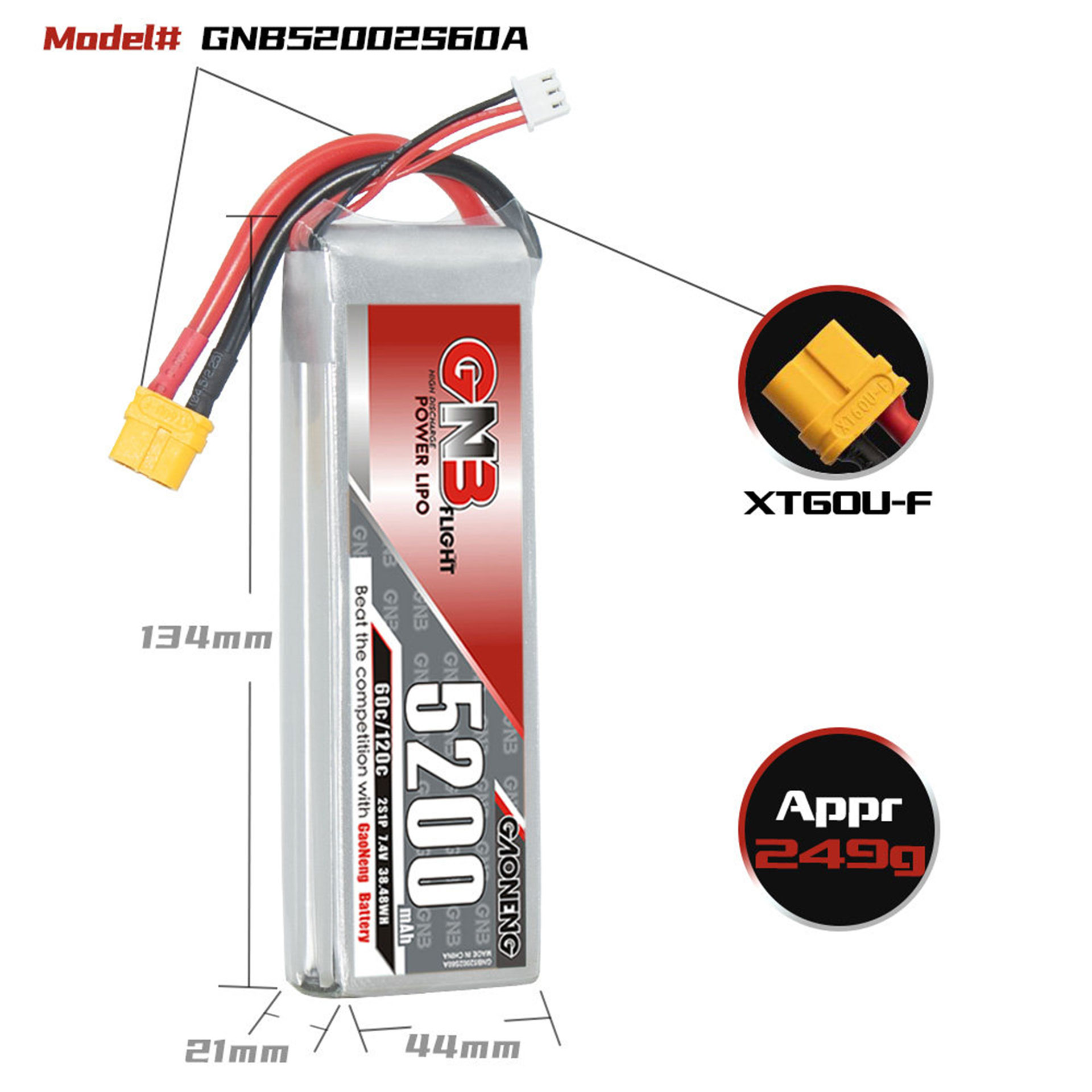 全新 GNB GAONENG 7.4V 5200mah (60c) Li-Po Battery | 鋰電池 | XT60插
