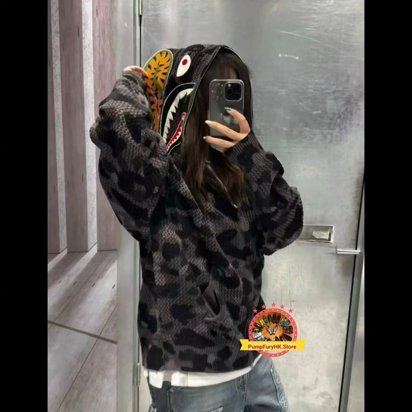 BAPE color camo shark crochet zip
