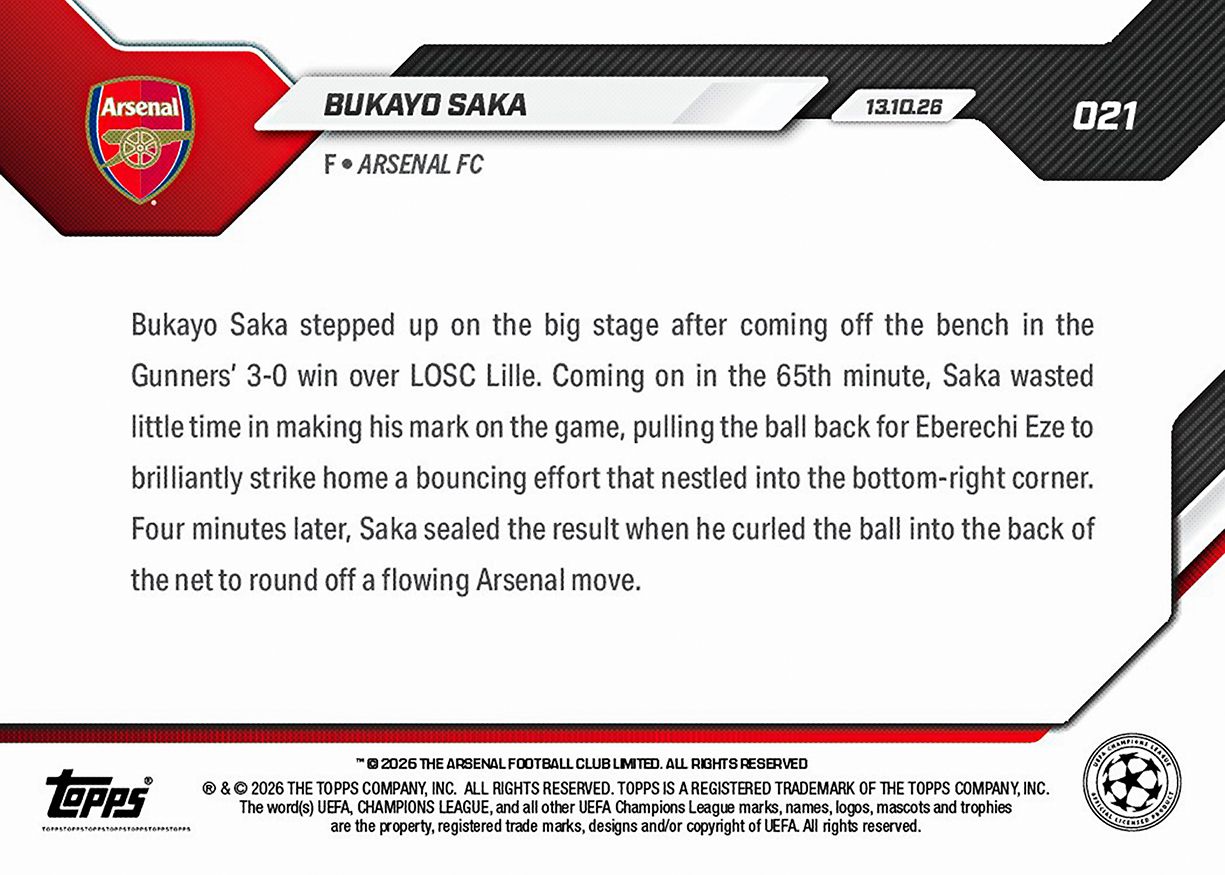 Bukayo Saka - 2026-27 UCL Topps NOW® #21 六分鐘一傳一射卡【團購】