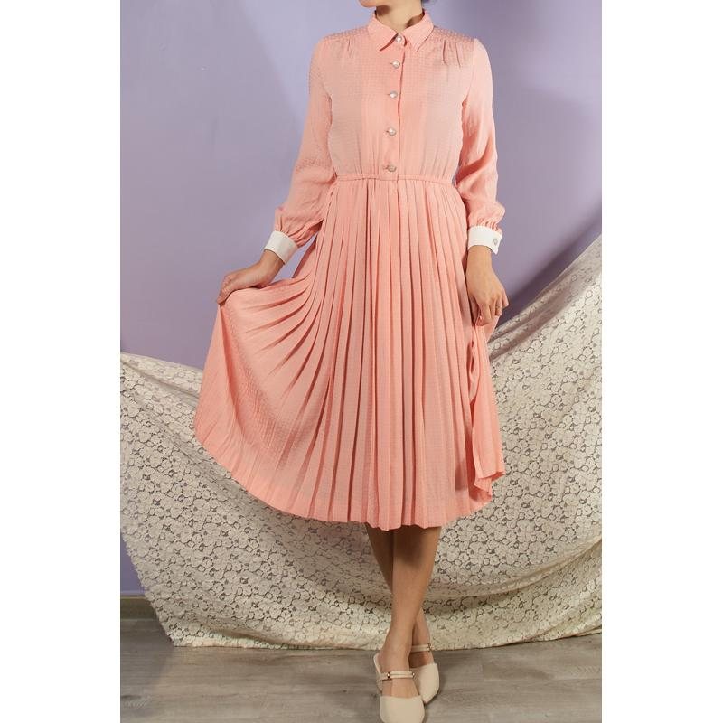 Vintage C.a. 1970-80s U Pattern Salmon Pink Shirtdress with White Cuff Day Dress(MT1608-132)