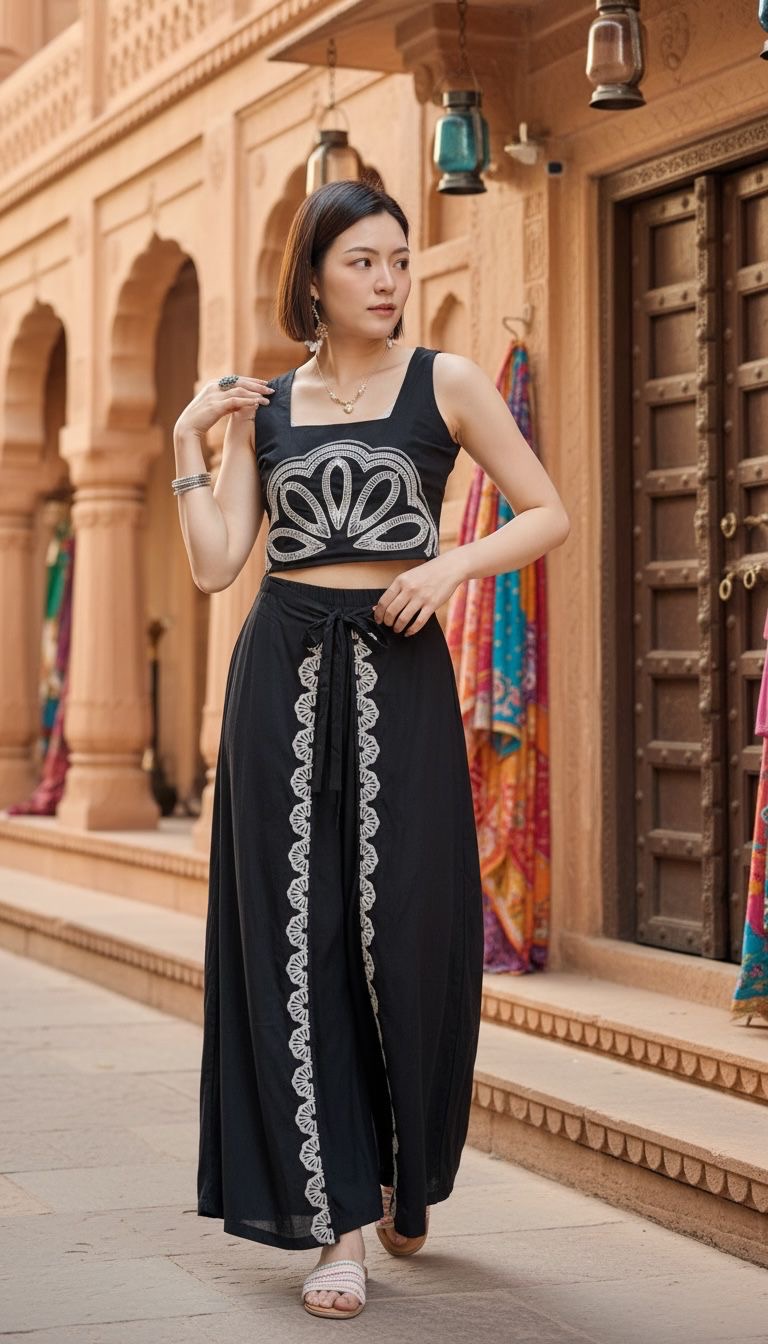 2236 Black with White Emb. Sleeveless Top