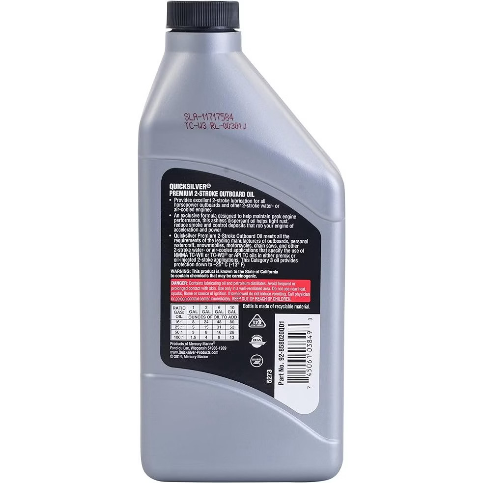 Quicksilver Marine Lubricants Outboard Premium 2-Stroke Lubricant 2T Oil TCW-3 473mL（Made In USA)