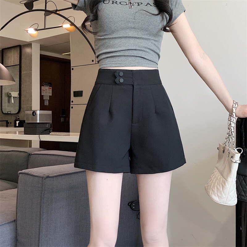 B312(13890) 韩版高腰边双按压钮扣带显瘦捏痕黑短裤
