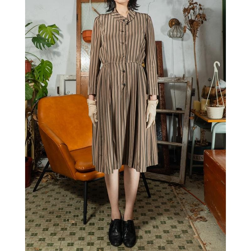 Vintage Toffee Tone Striped Pattern Button Up Day Dress (MT1608-148)