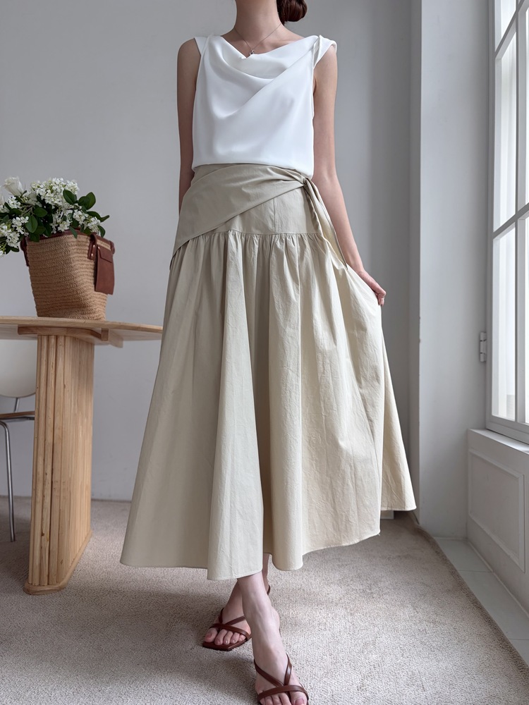 Wrap-Waist Flare Skirt (Beige)