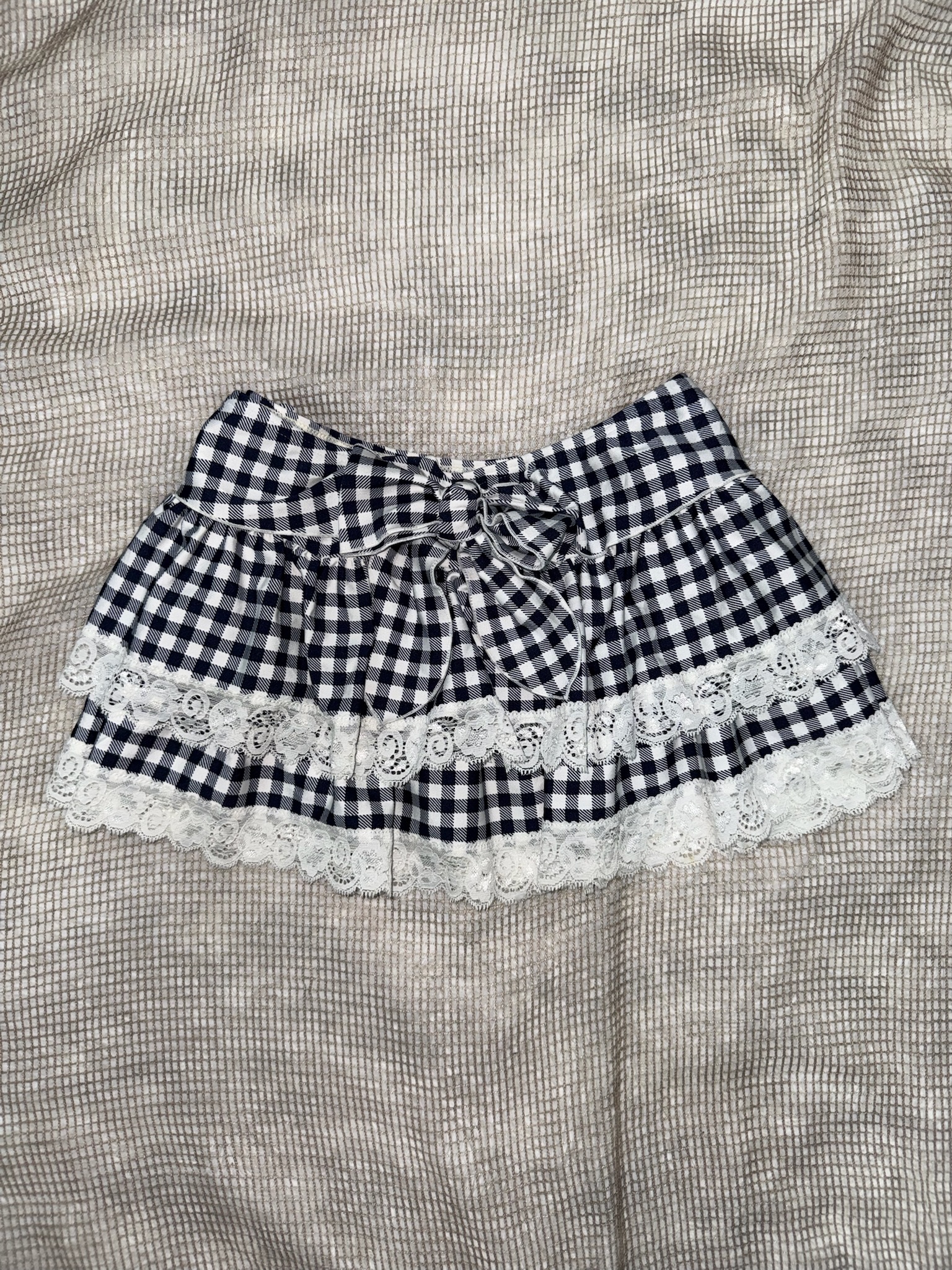 Gingham Tiered Lace Ruffle Mini Skirt