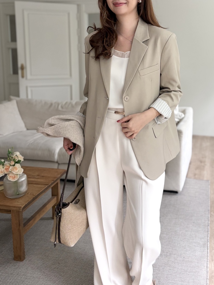 Margot Blazer with Striped Cuffs (Beige)