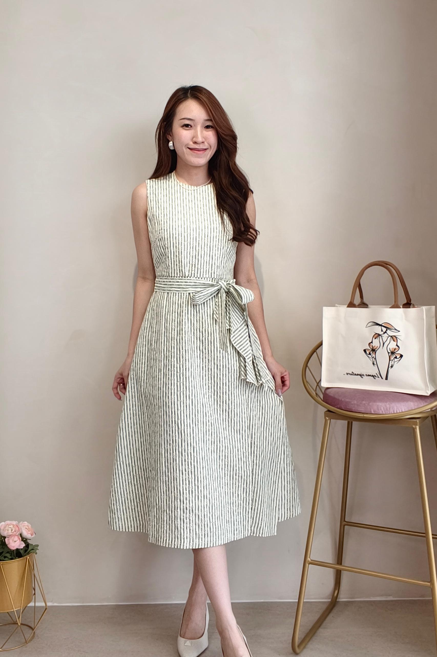 934916 Soft Stripe Ribbon Waist Midi Dress