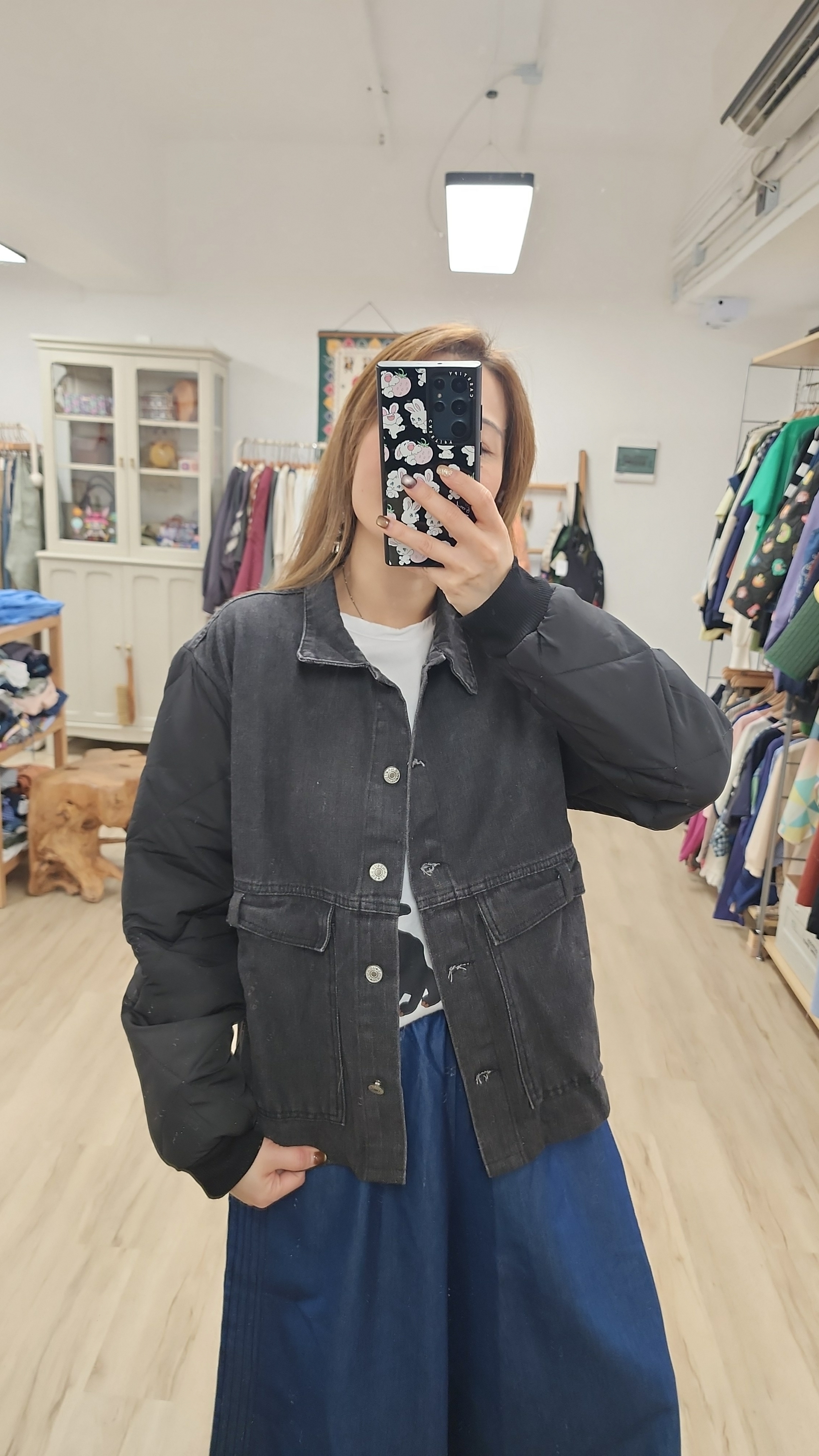 日牌炭灰牛仔拼夾棉蝴蝶結袋外套