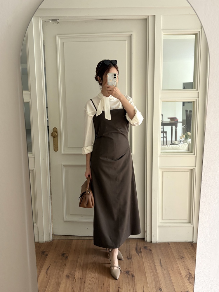 Gathered Adjustable Cami Dress (Brown)