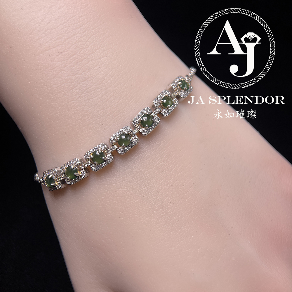 K05 天然翡翠A玉 墨綠蛋面純銀手鏈（不參與任何折扣活動）