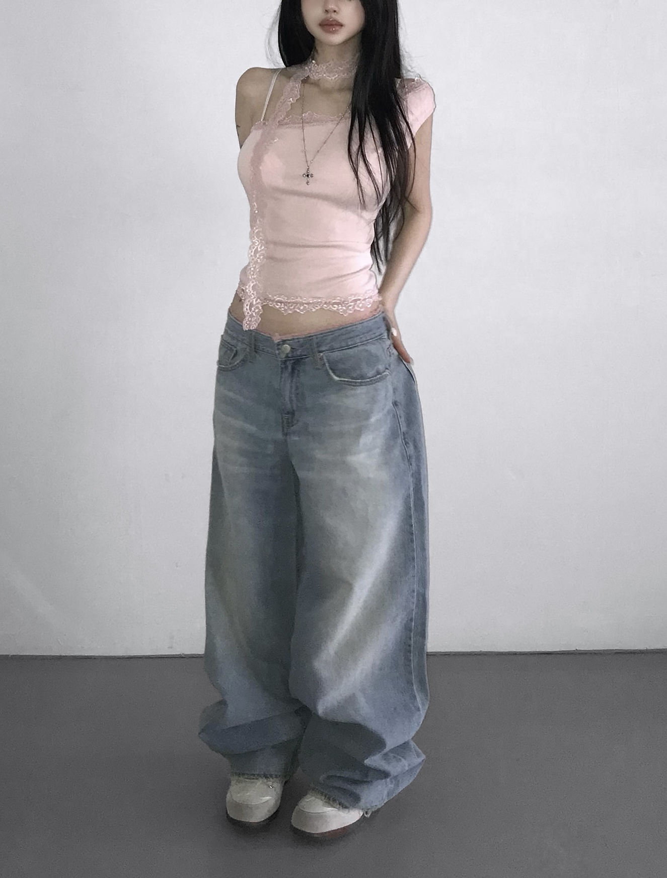 Asymmetrical One-Shoulder Lace Trim Top with Scarf