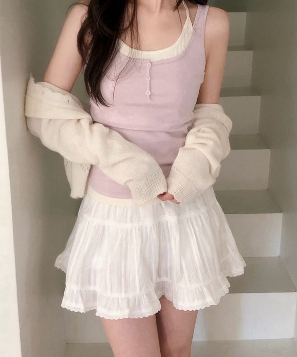 【 春夏感の蛋糕裙🌼♡混暗直紋理雙層裙褲☀️】 Summer Vibe Cake Skirt(兩色入)