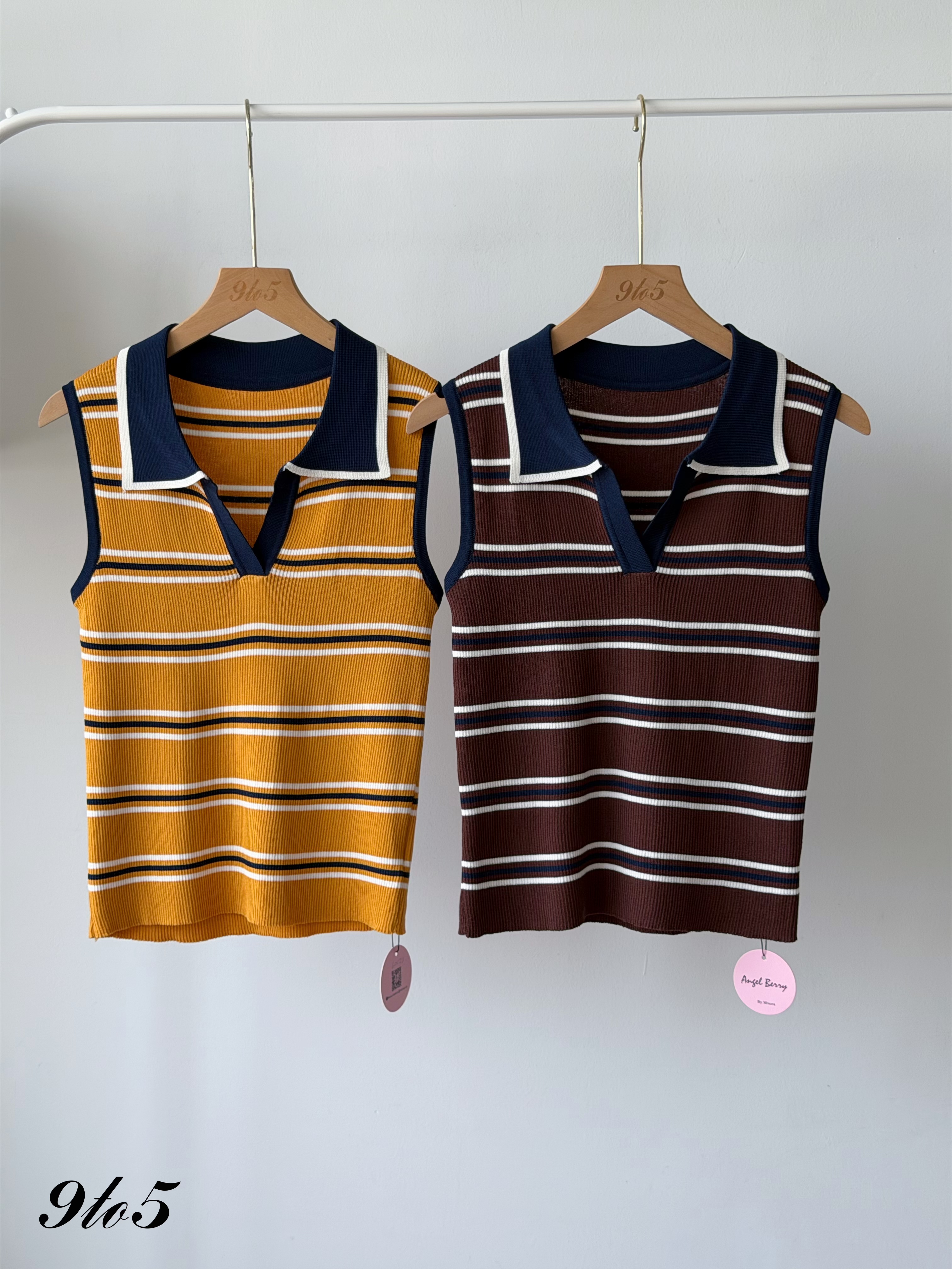 T4474 Sleeveless Striped Knit Polo Top - 5 Colors 