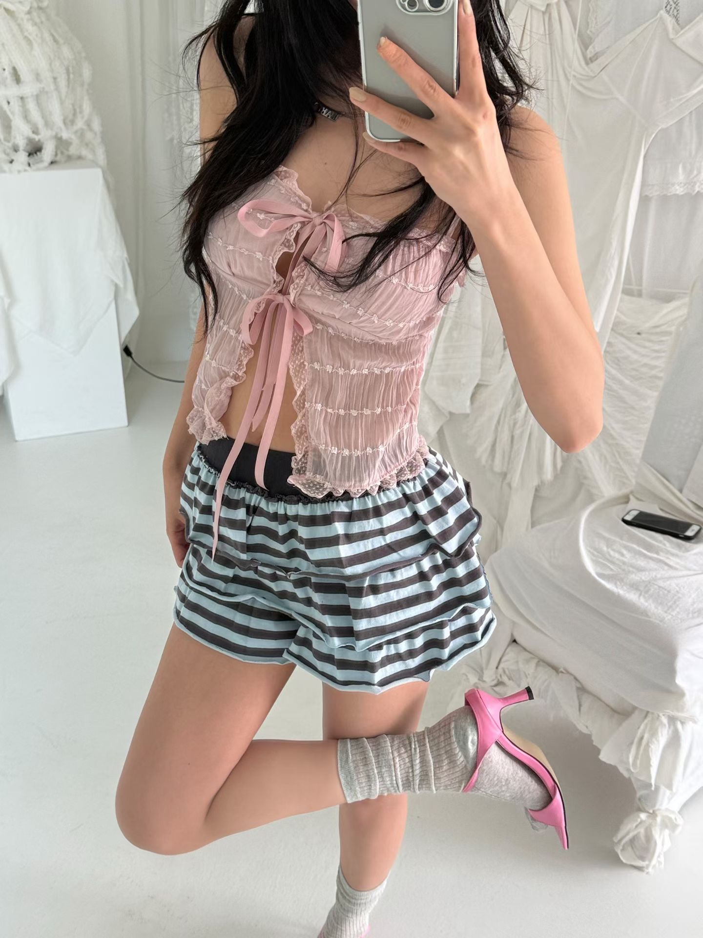 三色薄紗層次上衣