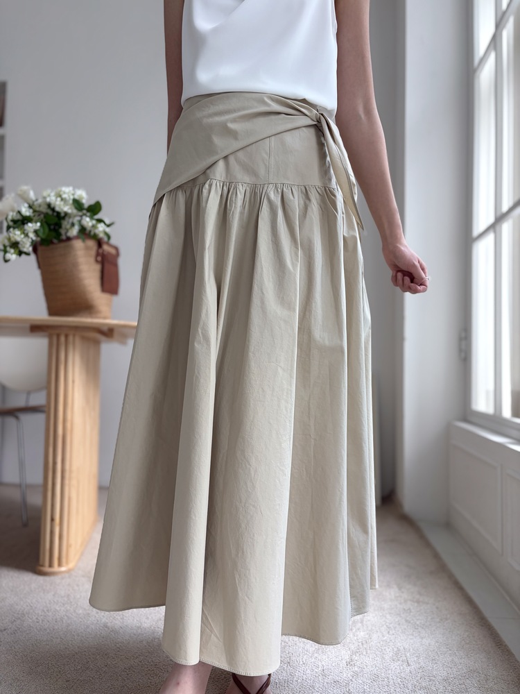 Wrap-Waist Flare Skirt (Beige)