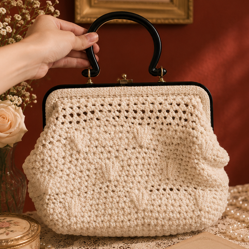 Vintage 1960s Made in Italy White Knitted Handbag with Black Structural Handle (B083)