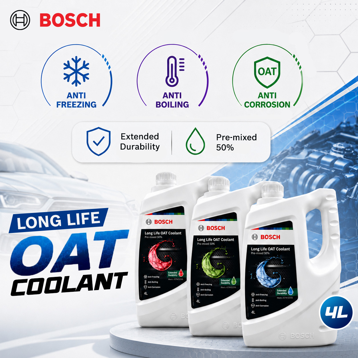 Bosch Long Life OAT Coolant Pre-mixed 50% (4L) - Green / Red/ Blue