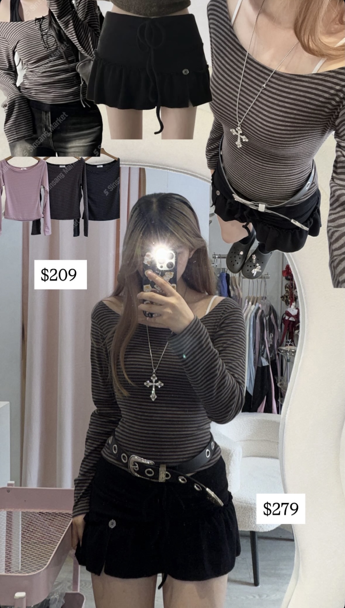 韓國間條斜膊薄款Top