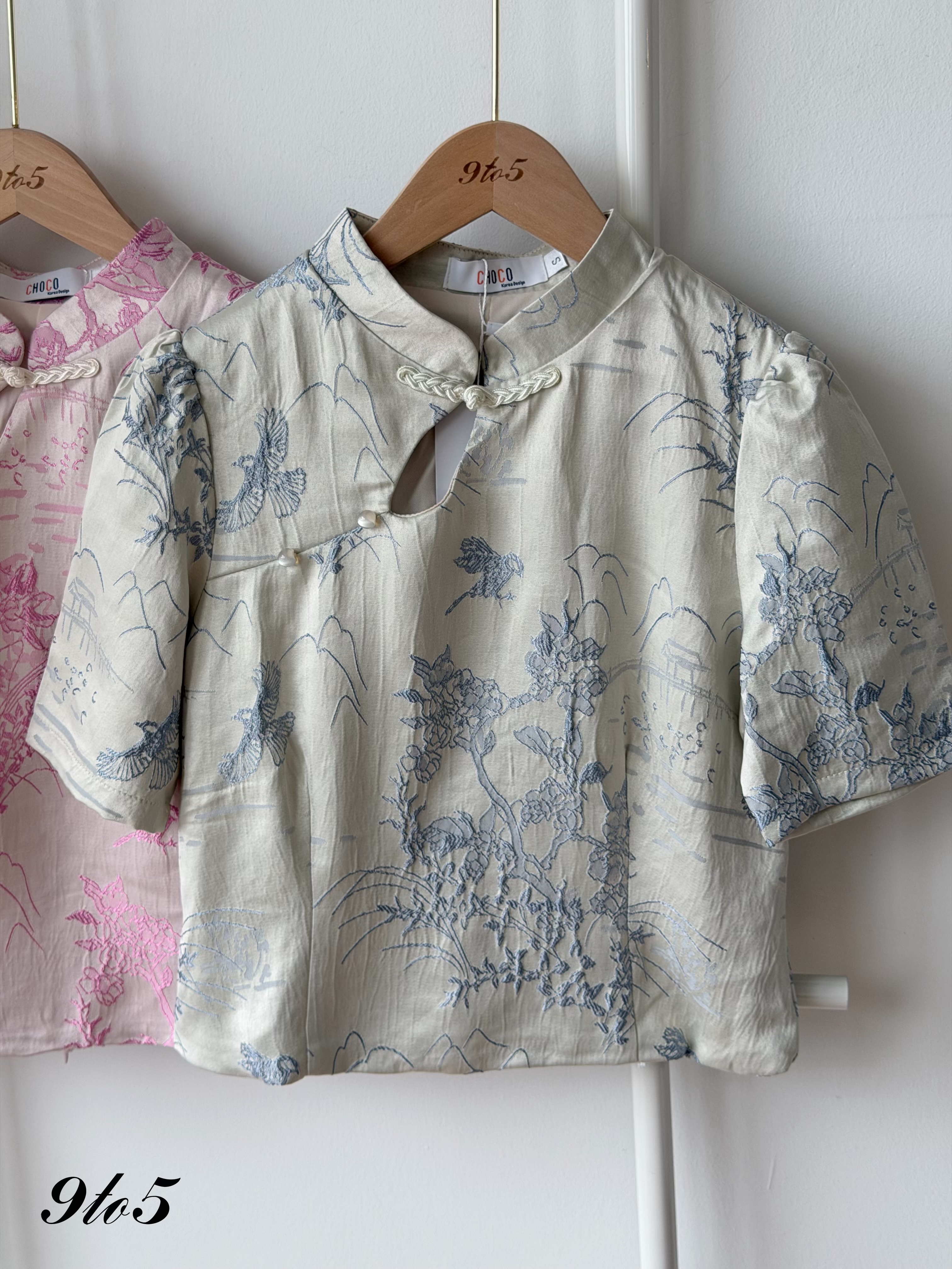 T4469 CNY Embroidery Floral Crop Top - Blue & Pink