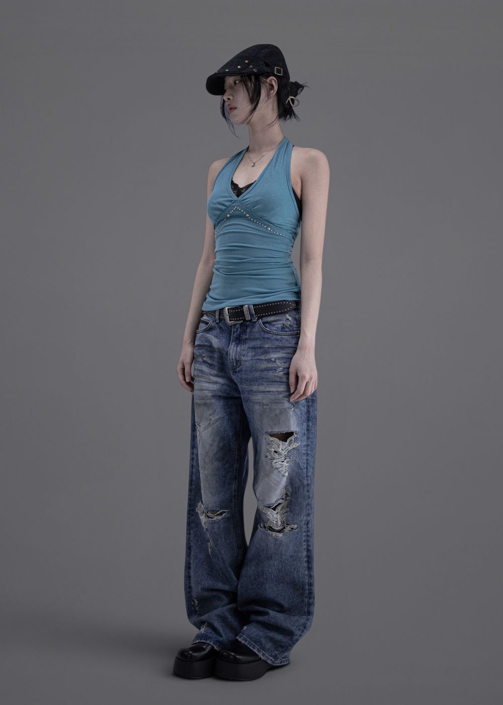 Studded Ruched Halterneck Top