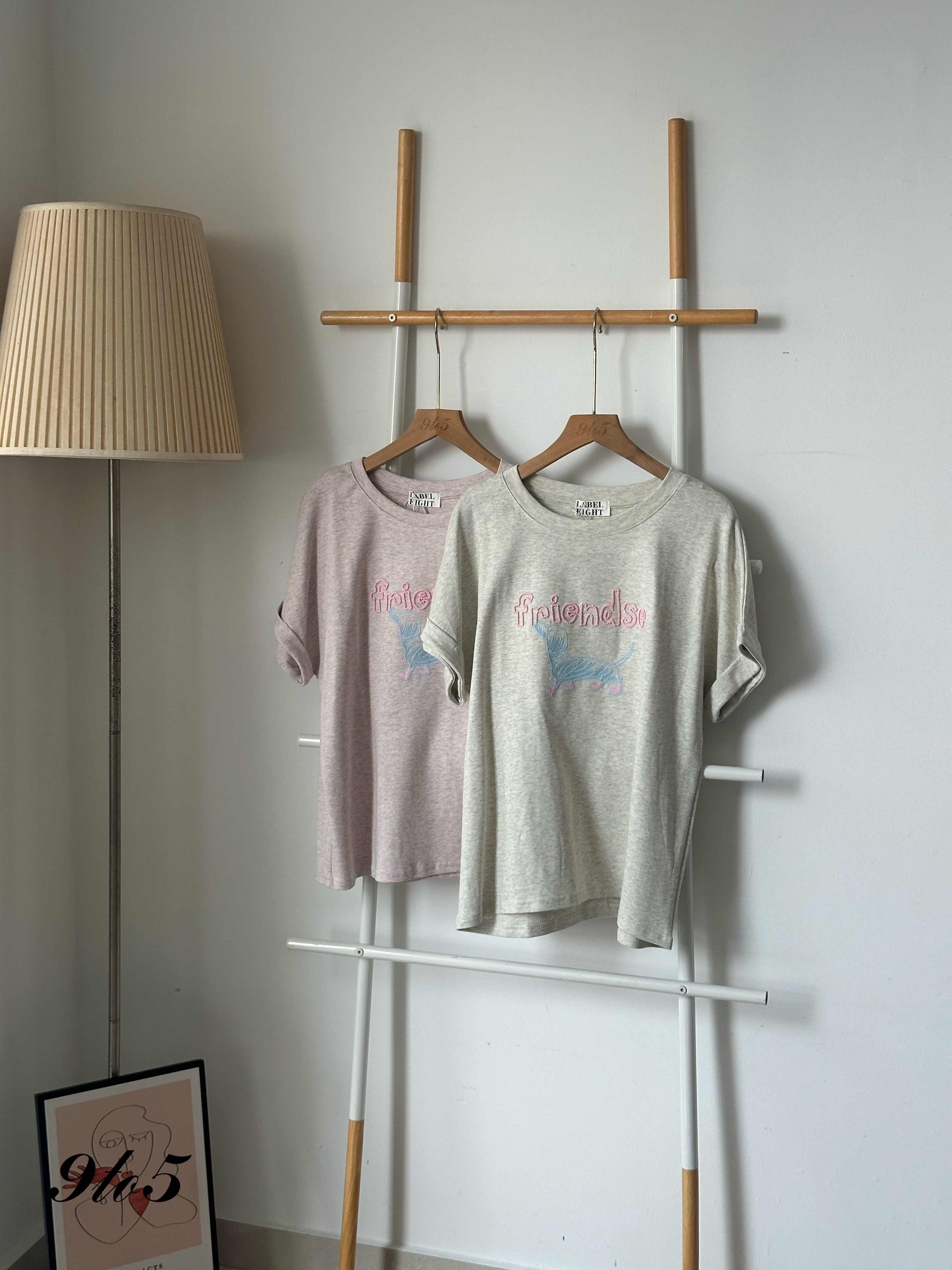 T4059 Dog Embroidery Tee - Grey & Pink