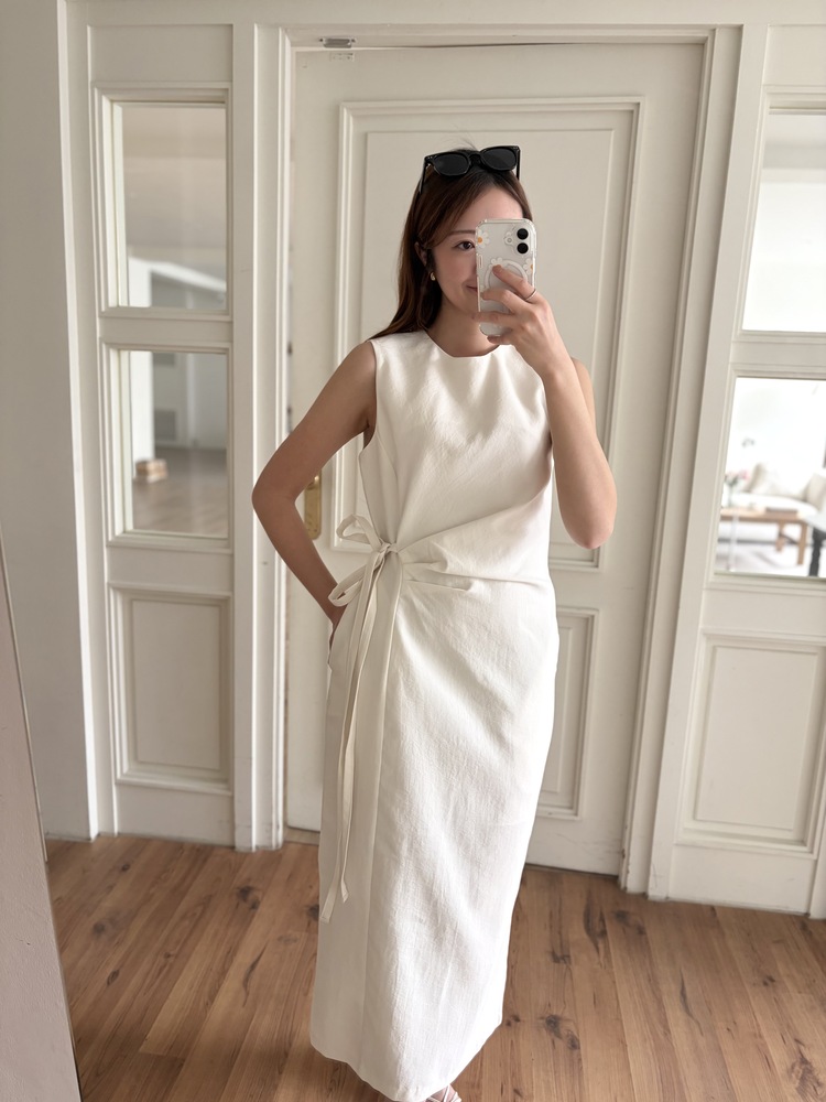 Gathered Waist Tie Dress (Ivory)