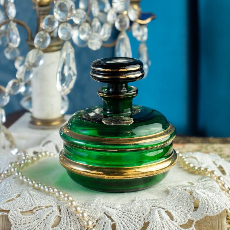 Vintage German Füger Taube 1947-1954 Art Deco Style Green Glass Dressing Table Set - Tray, Powder Box & Perfume Bottle (MX006)