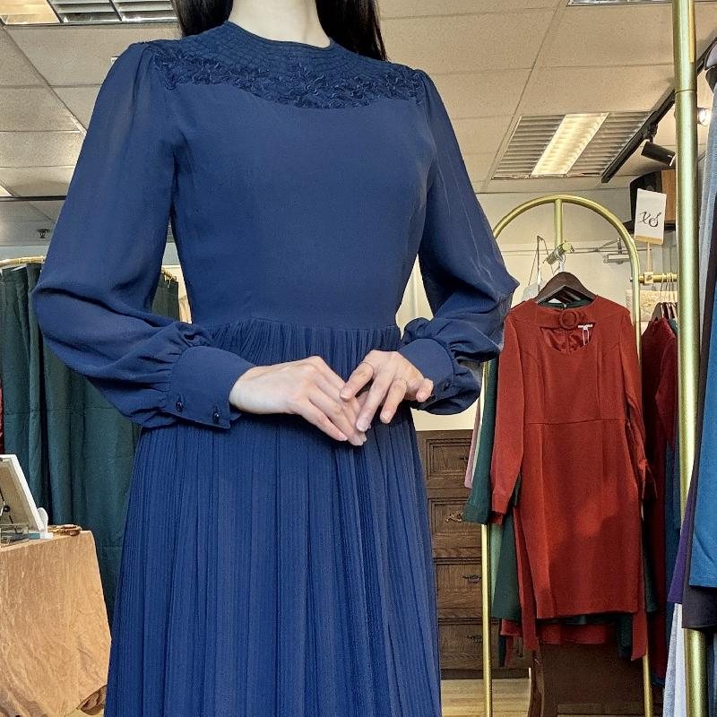 Vintage Japanese Neckline Embellished Navy Blue Day And Night Dress (PP001-14)