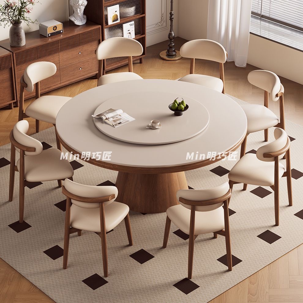實木圓桶岩板餐檯組合 細單位家用圓餐檯連轉盤連椅 dining table