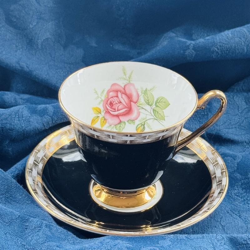 C.a. 1950-60s Windsor Made in England Bone China Black Tea Set Duo with Rose Pattern and Wicker Trim (MT2038)