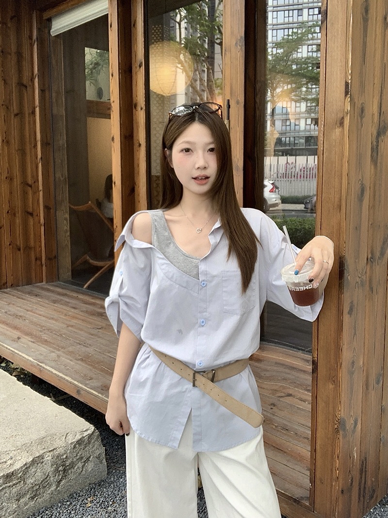 B231(23800) 韩系假两件衬衫拼背心单边露肩设计感3色上衣