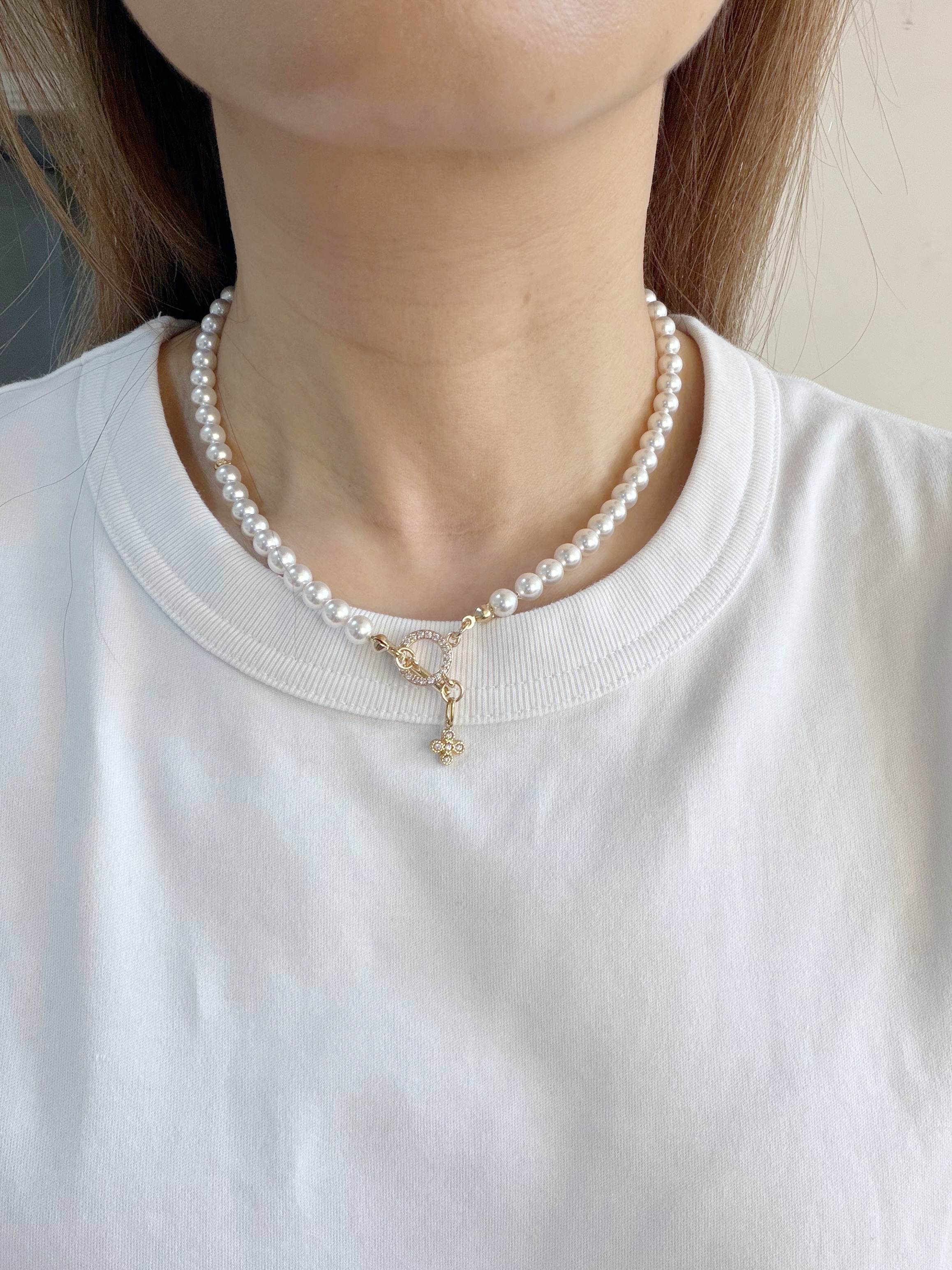 簡約星鑽珍珠頸鍊/6mm米白珍珠