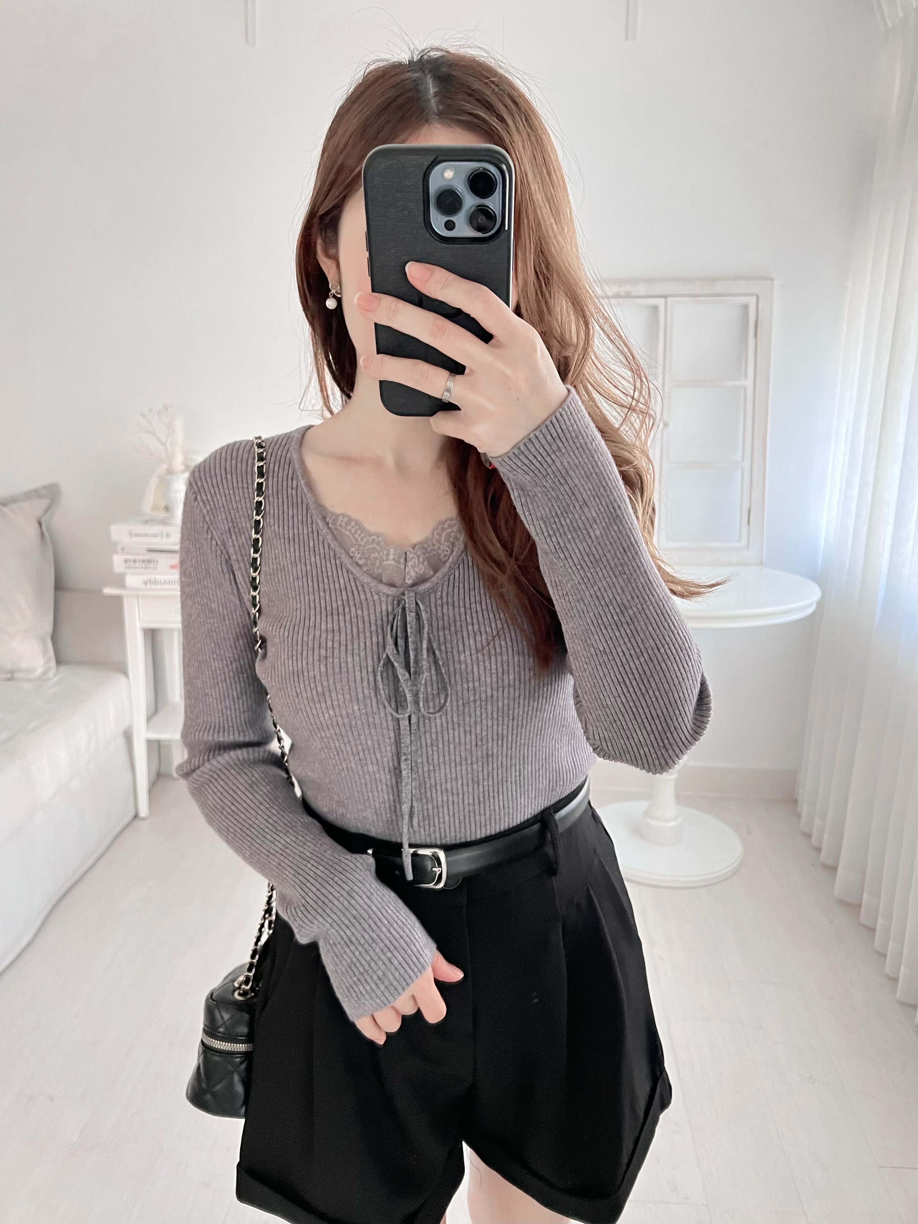 超修身♡蕾絲拼布針織上衣(KR)灰色315653