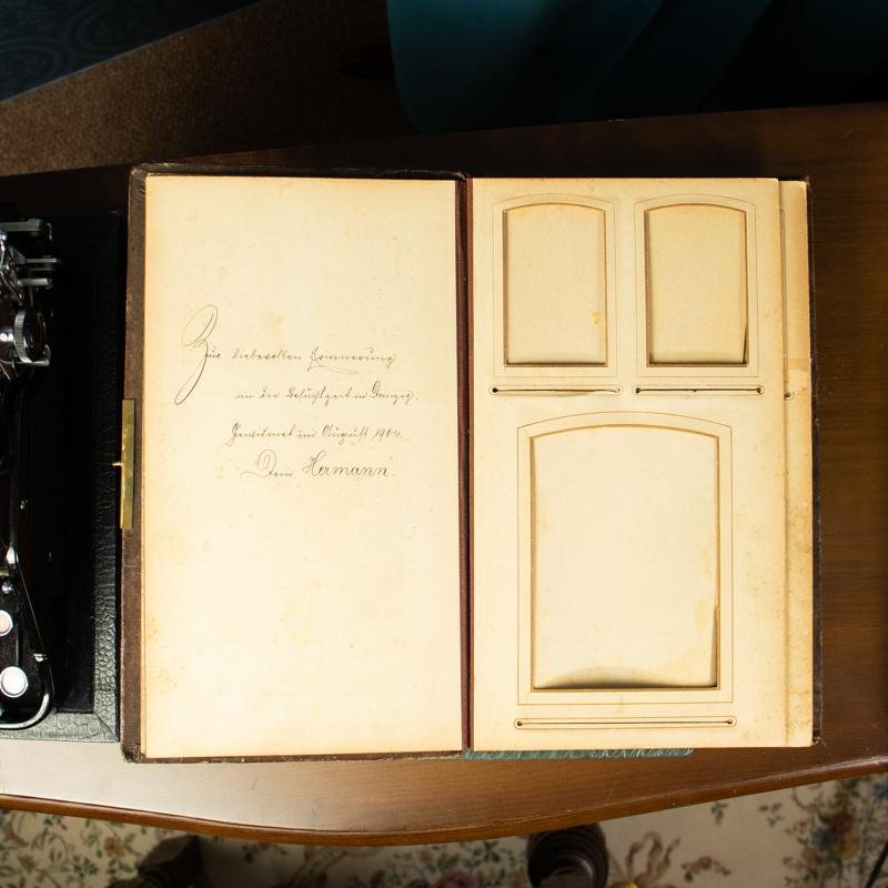 Rare Antique Signed 1904 Brown Leather Cover with Bird Embellishment Photo Album Book (MX014)