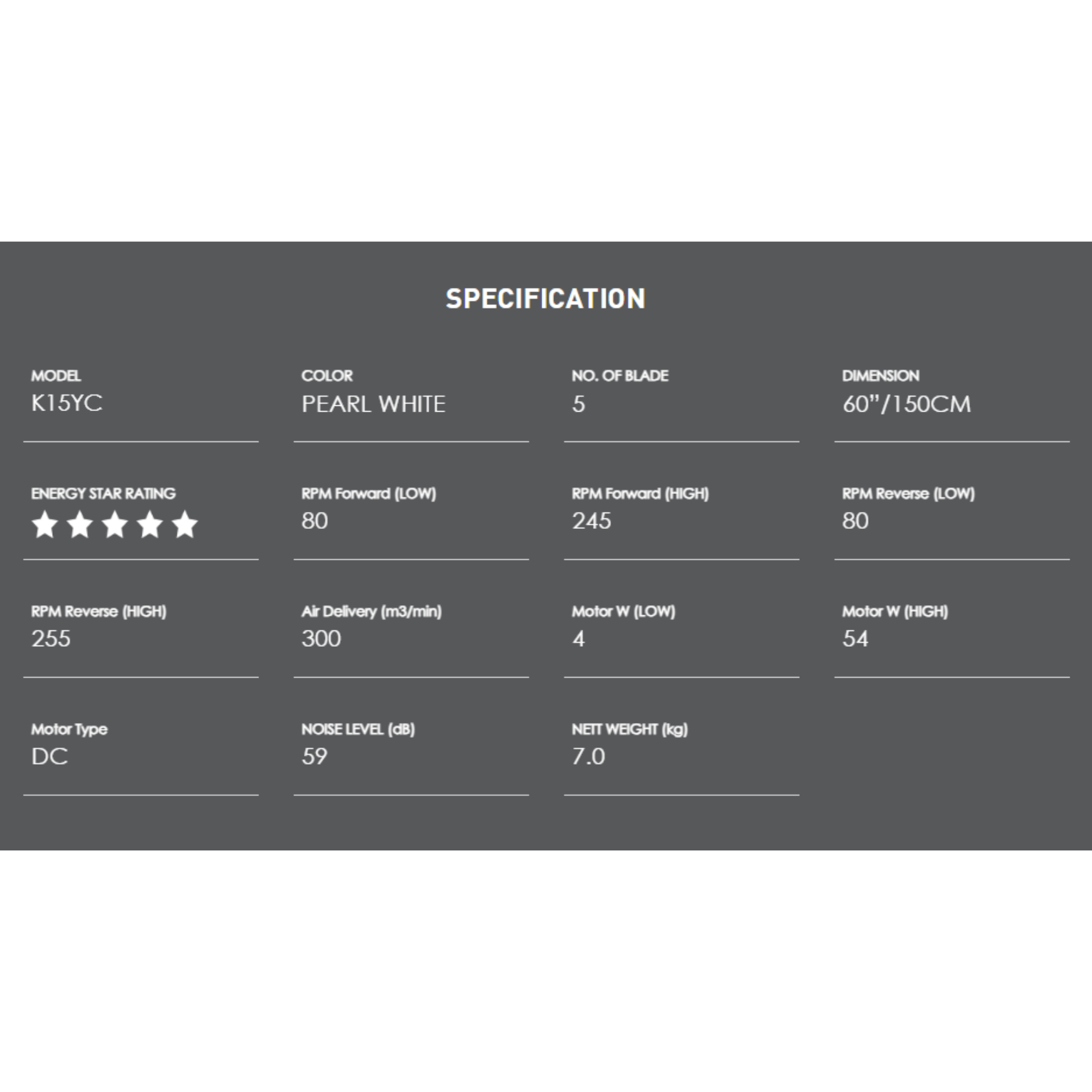 KDK 60" Ceiling Fan WiFi DC Motor (K15YC)
