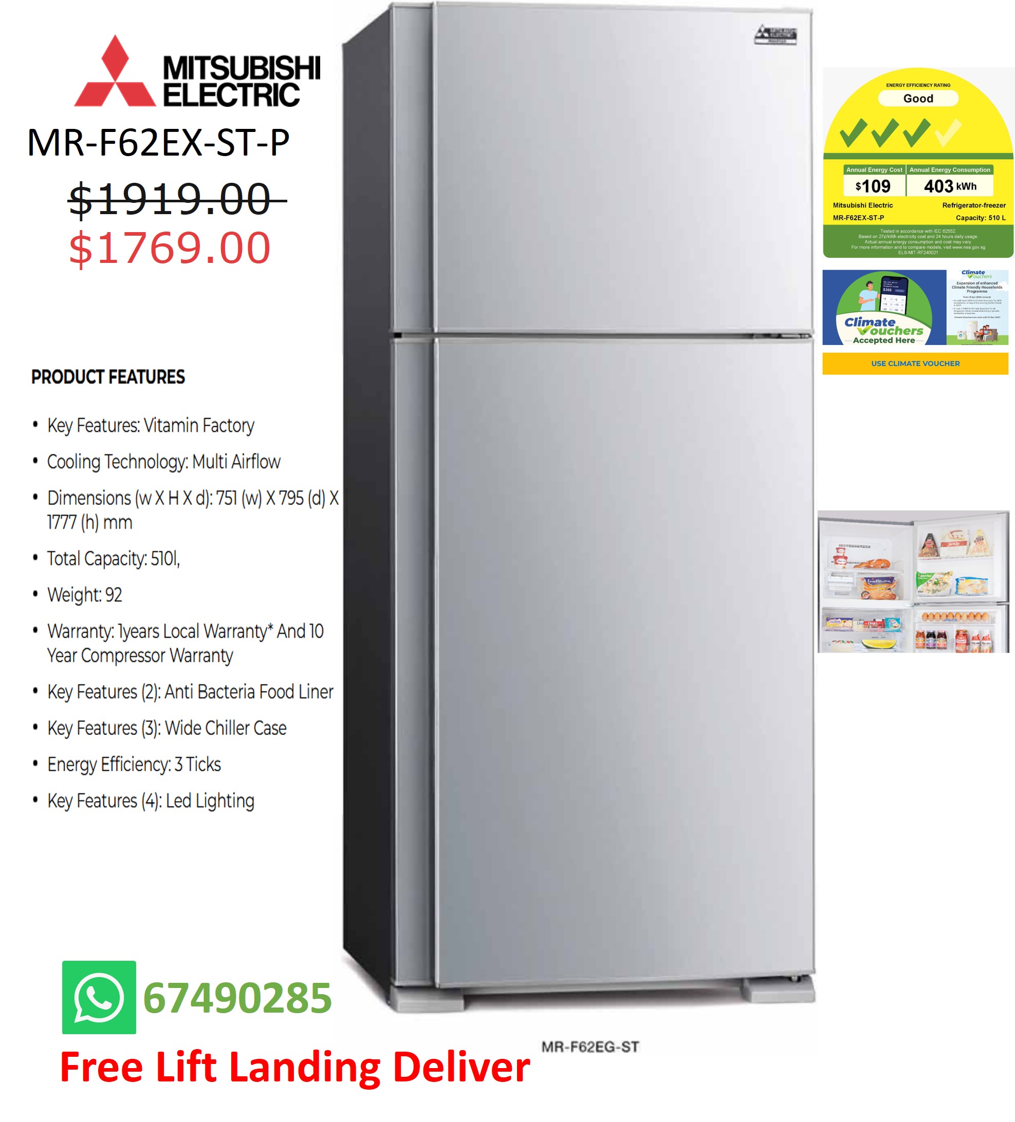 Mitsubishi MR-F62EX-ST-P 2Doors Refrigerator
