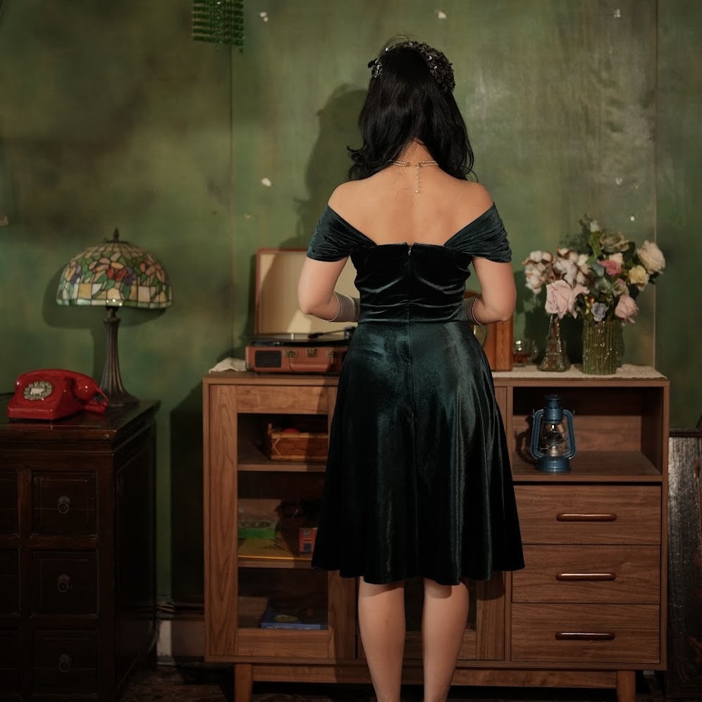 (Last M) Jewel Velvet Collection - On & Off Shoulder Evening Dress - Emerald Green (FM203)