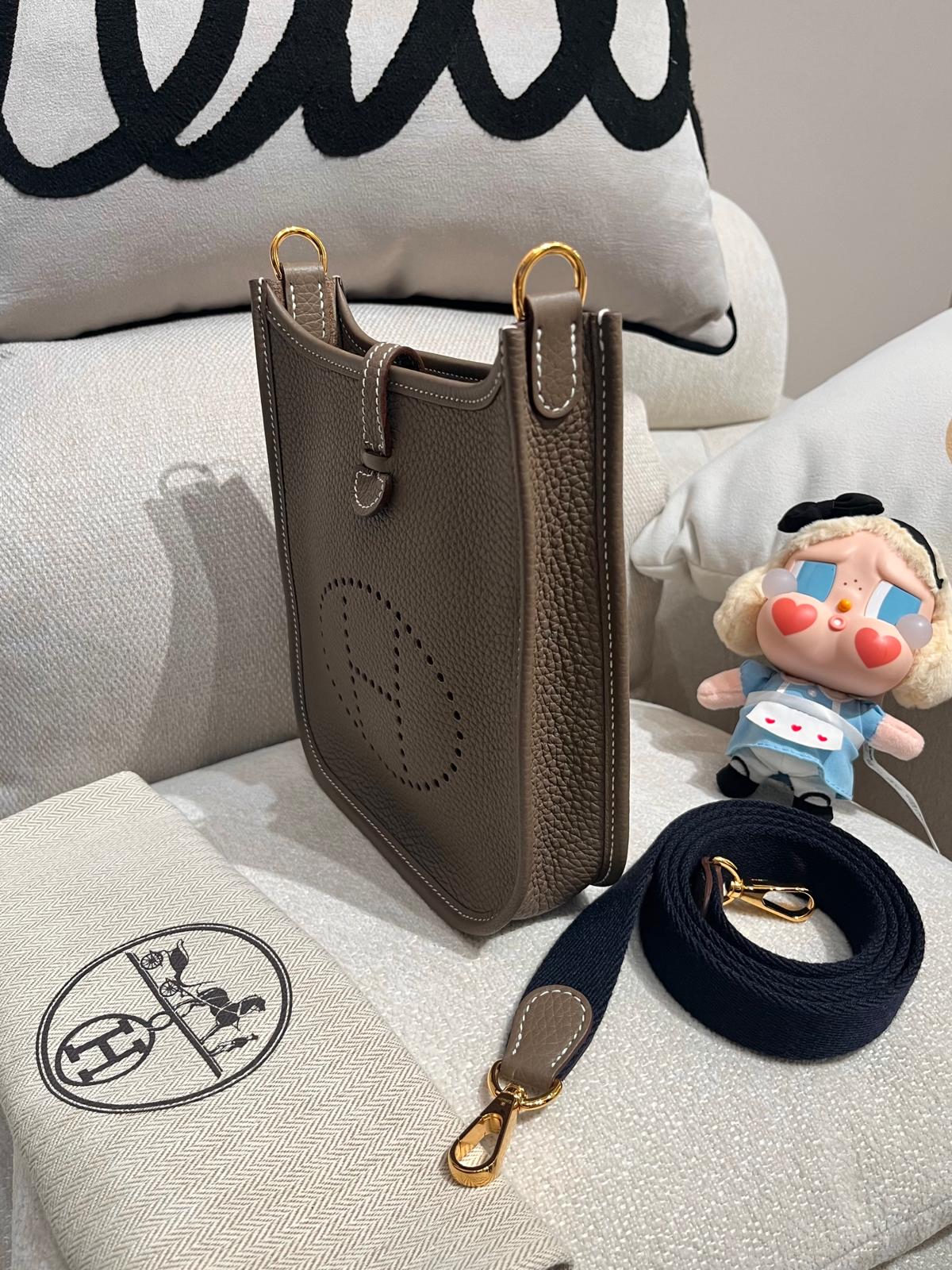 全新 Hermes mini evelyne,STAMP B Etoupe,金扣,100%Authentic,全新未使用品 ✅收據✅dust bag✅box 