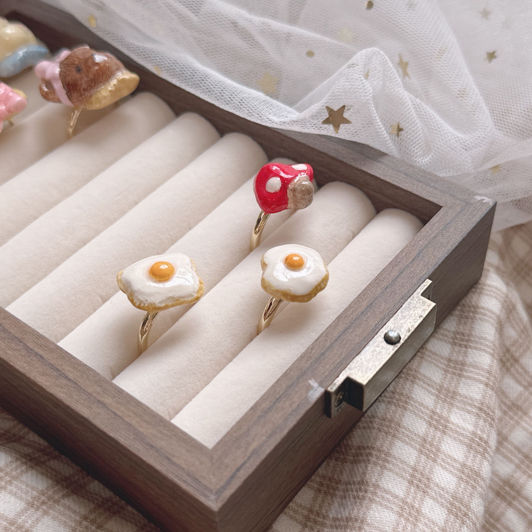 手繪煎蛋🍳蘑菇🍄‍🟫戒指 可調節鬆緊