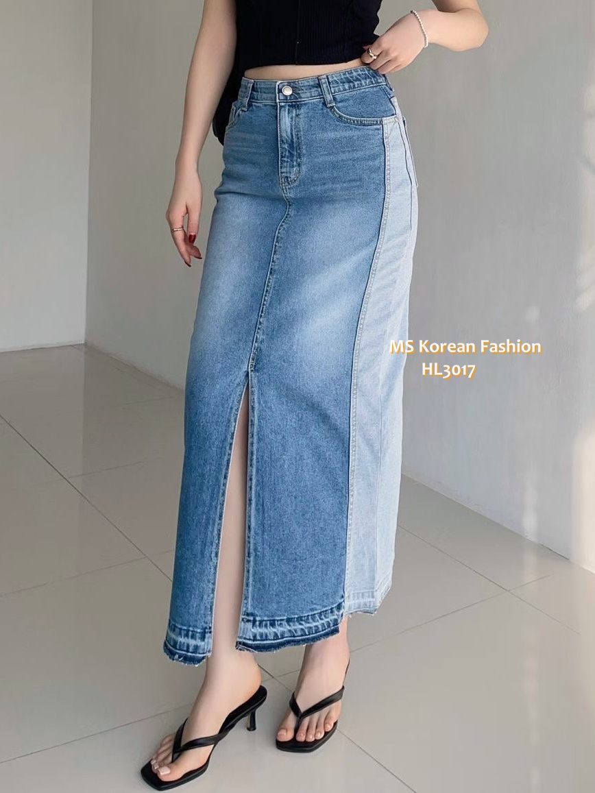 HL3017 韓國🌼Howluk前開叉拼色中長牛裙